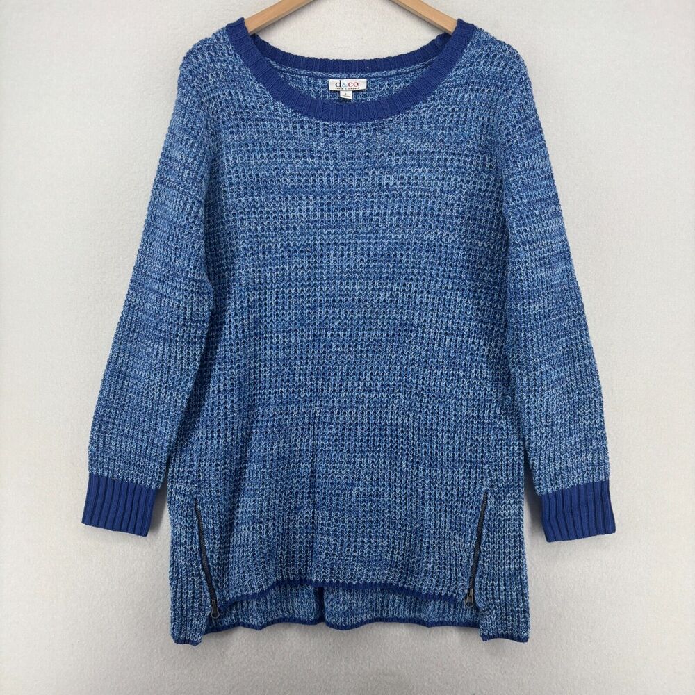 DENIM & CO Sweater Womens L Tunic Jumper Pullover High Low Cotton Blend Blue